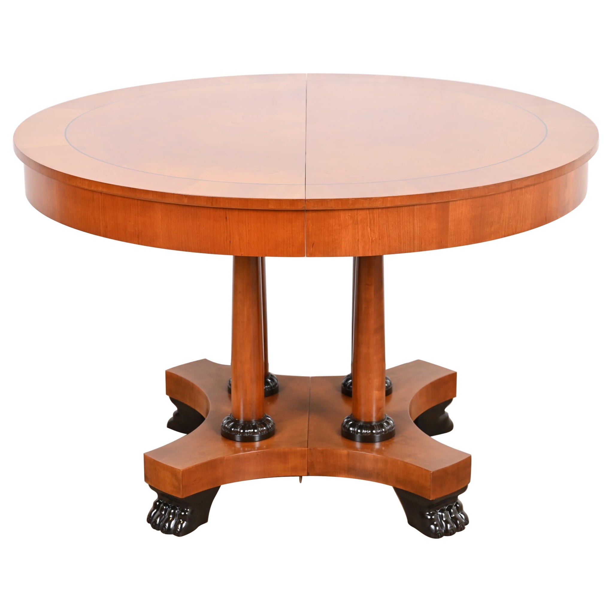 Baker Furniture Neoclassical Cherry Wood Pedestal Dining Table, Newly Refinished For Sale