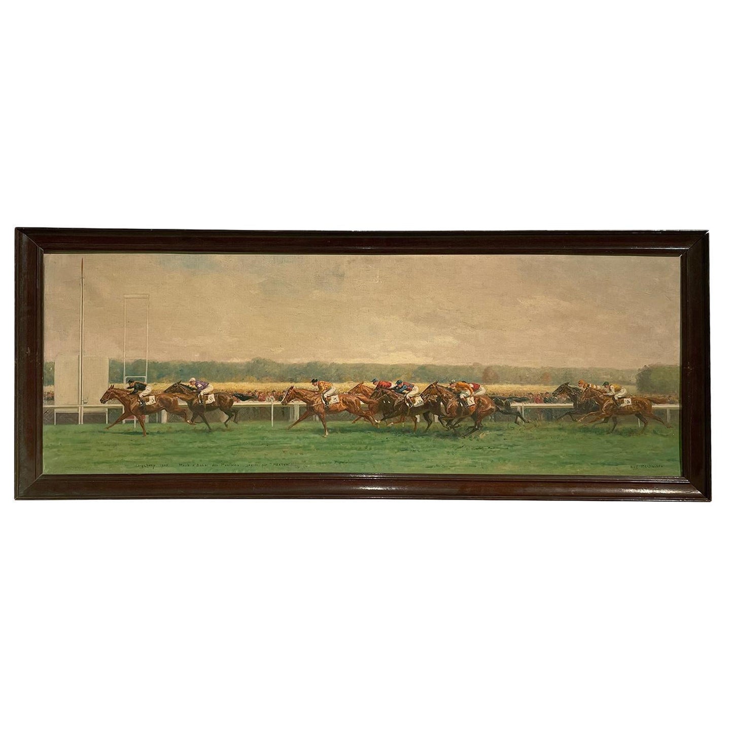Peinture à l'huile du 20e siècle représentant une course de chevaux à Longchamp par Eugène Pechaubes