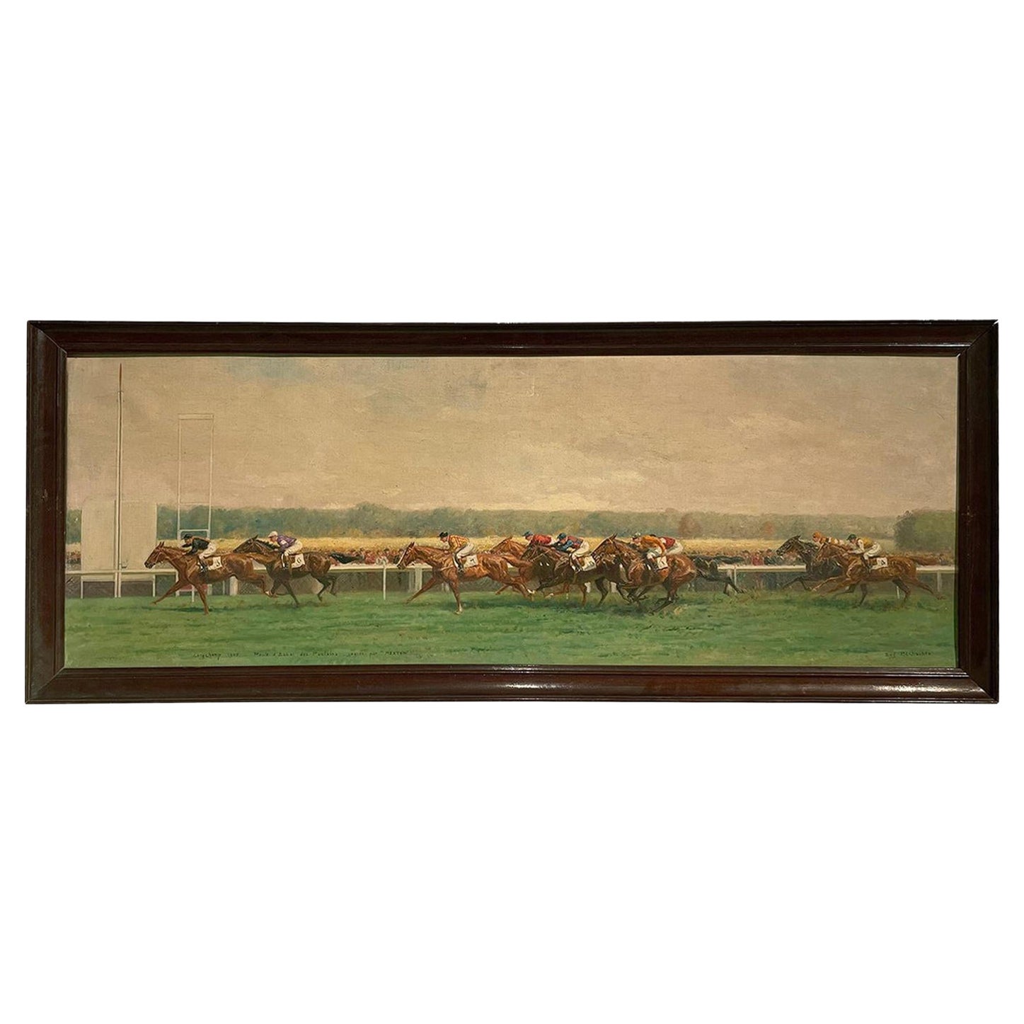 Óleo francés del siglo XX de una carrera de caballos en Longchamp, de Eugène Pechaubes