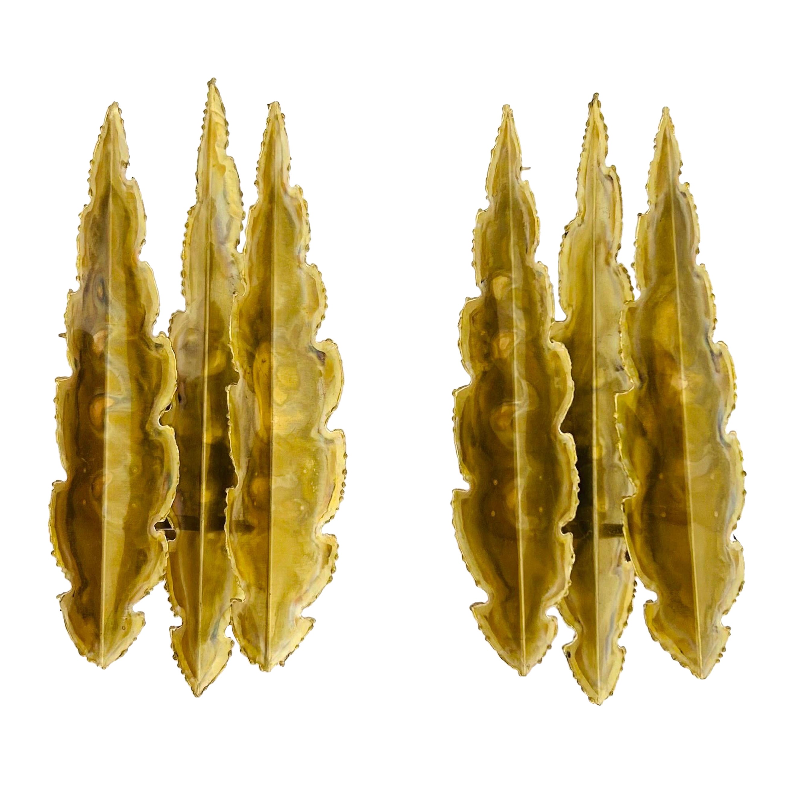 Pair of Leaf-Shaped Brass Wall Lamps by Svend Aage Holm Sorensen, 1960s, Denmark For Sale