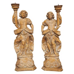 Antique Pair of 18th Century Carved Figural Candle Holders from Southern Germany