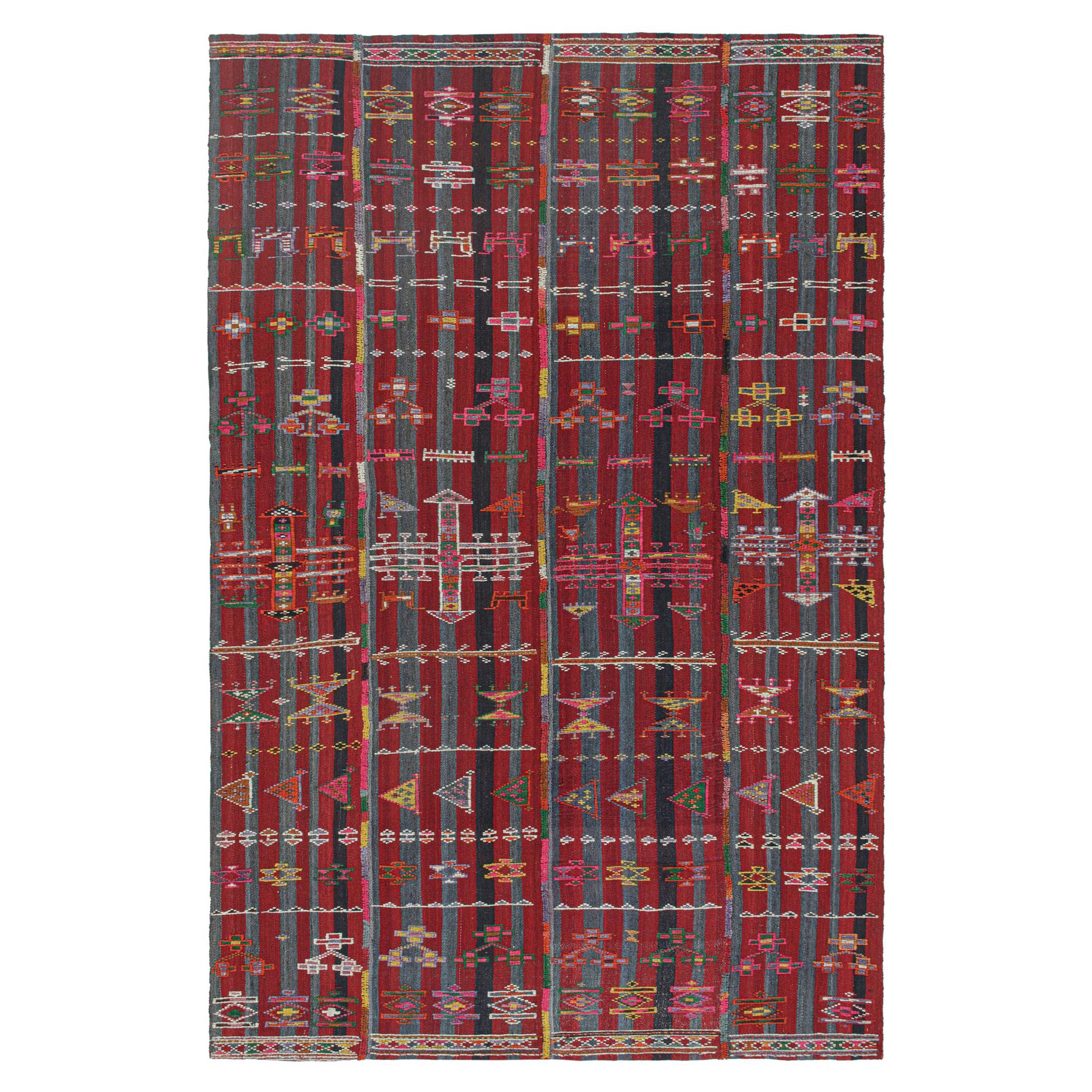 Vintage Shahsavan Persian Kilim in Red and Blue Stripes with Multicolor Patterns