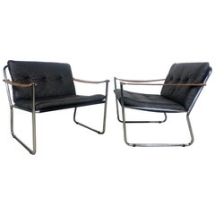 Retro Pair Modernist Lc1 Safari Style Leather Strap Arm /Chrome Frame Sling Chairs