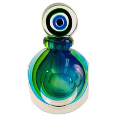 Flacon de parfum vintage en verre d'art de Murano bleu et vert de couleur bijouterie style Sommerso