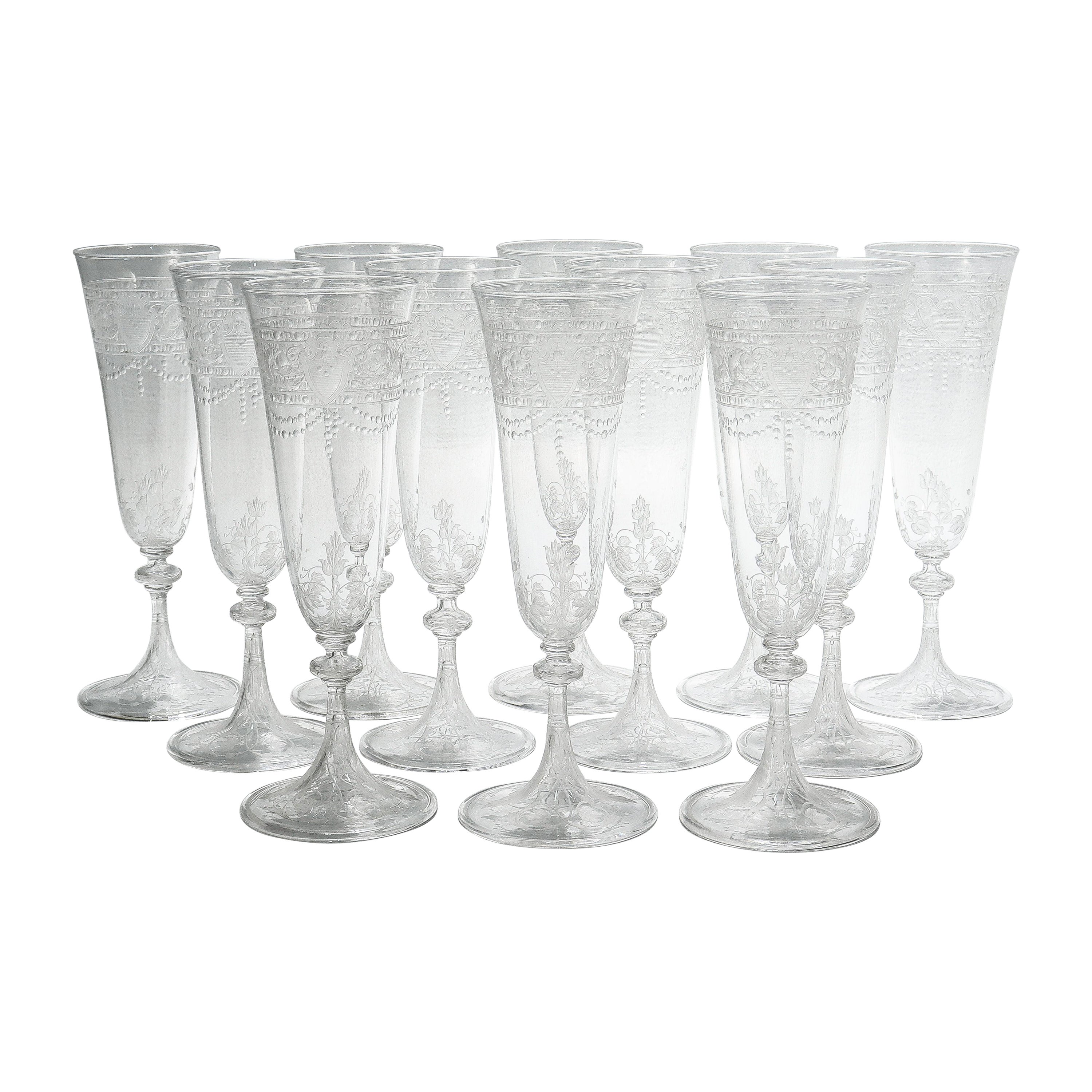 Set of 12 Antique Stourbridge Etched & Engraved Glass Champagne Flutes For Sale