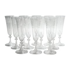 Set of 12 Antique Stourbridge Etched & Engraved Glass Champagne Flutes