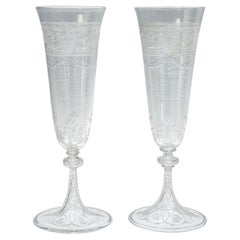 Pair of Antique Stourbridge Etched & Engraved Glass Champagne Toasting Flutes