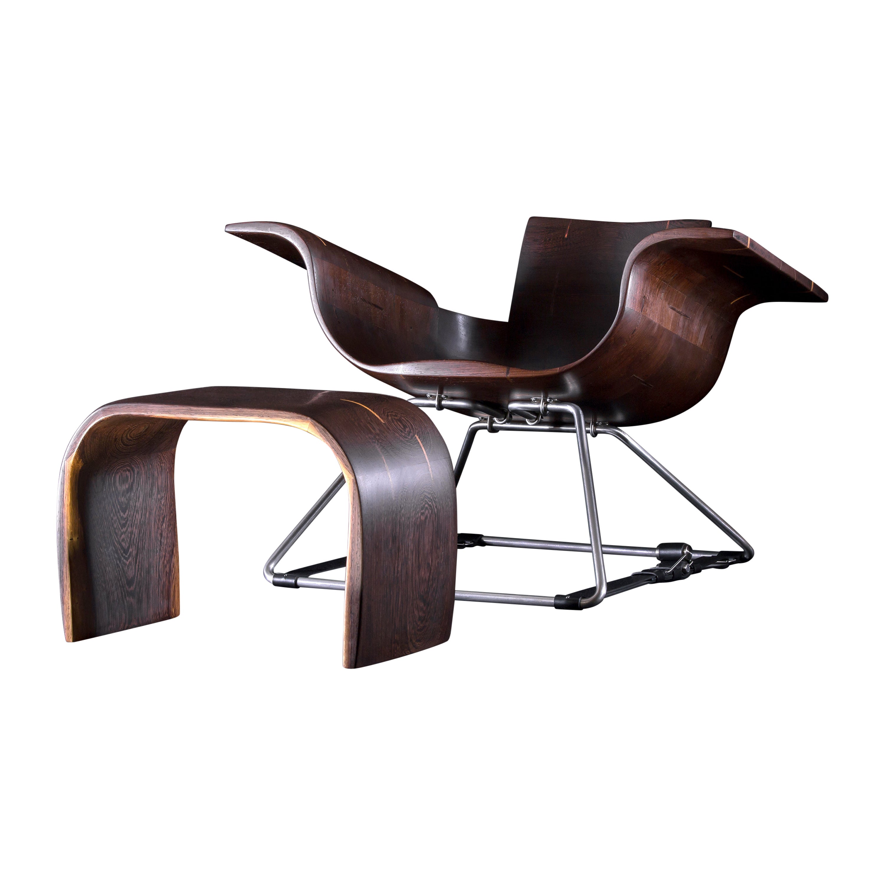 Roadster Armchair with Footstool made out of Wenge Wood. Handcrafted in Poland. For Sale