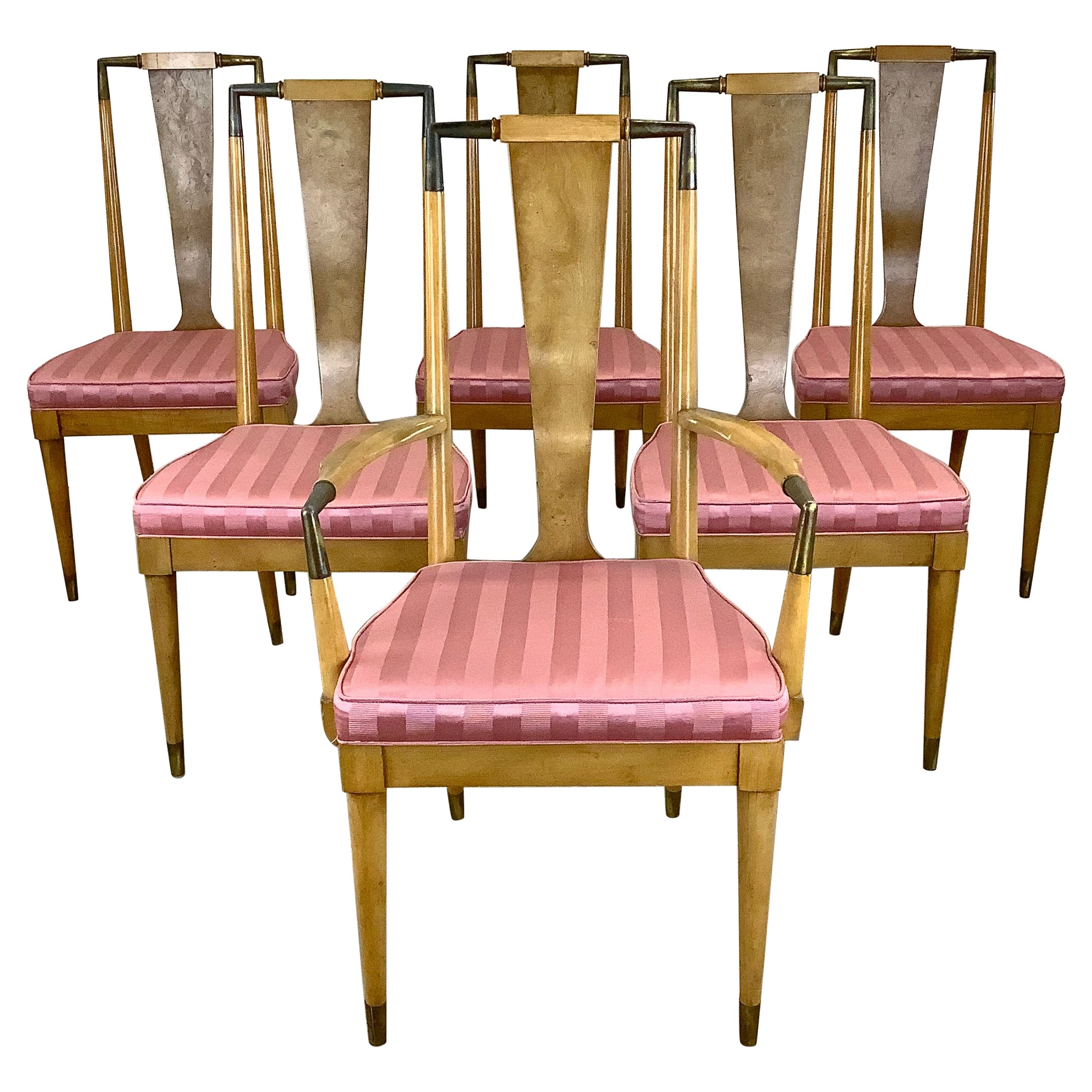 Mid-Century Modern Highback Burl Dining Chairs by J.L. Metz- Set of Six For Sale