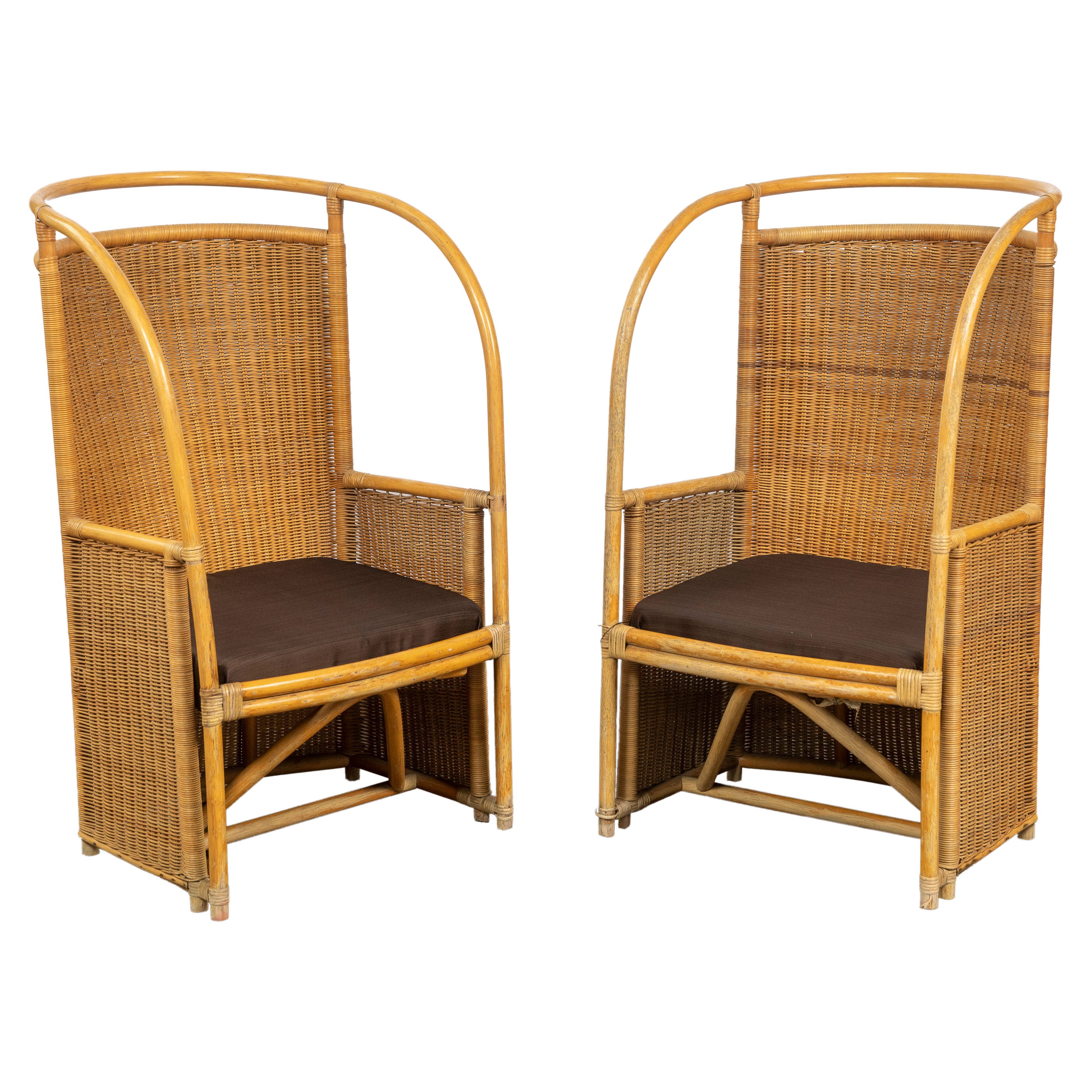 Vintage Rattan and Bamboo High Back Armchairs with Fabric Cushions For Sale