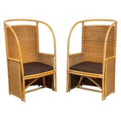 Vintage Rattan and Bamboo High Back Armchairs with Fabric Cushions