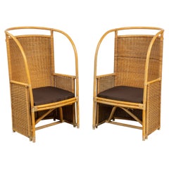 Retro Rattan and Bamboo High Back Armchairs with Fabric Cushions