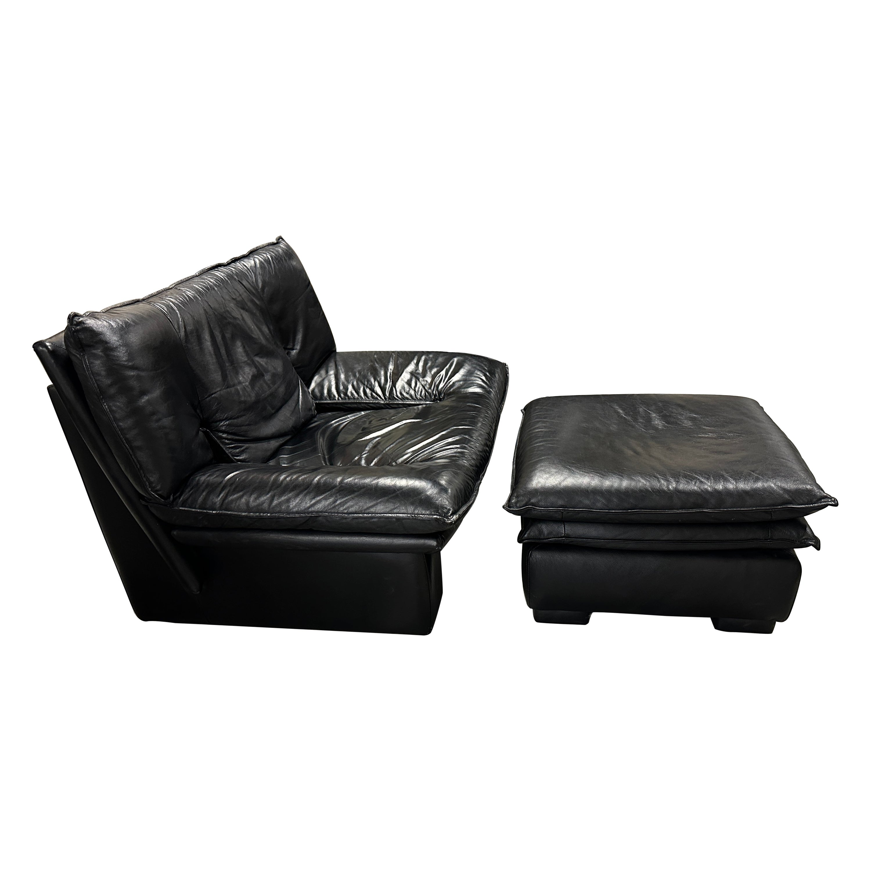 Nicoletti Salotti Black Leather Lounge Chair and Ottoman For Sale