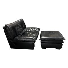 Used Nicoletti Salotti Black Leather Lounge Chair and Ottoman