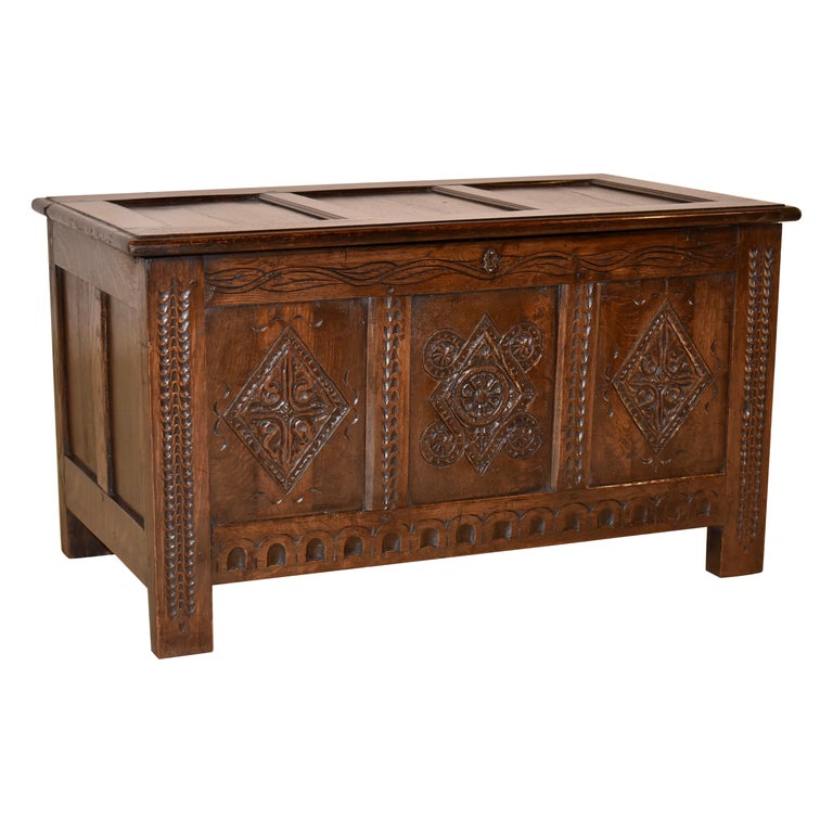 19th Century English Oak Carved Blanket Chest For Sale