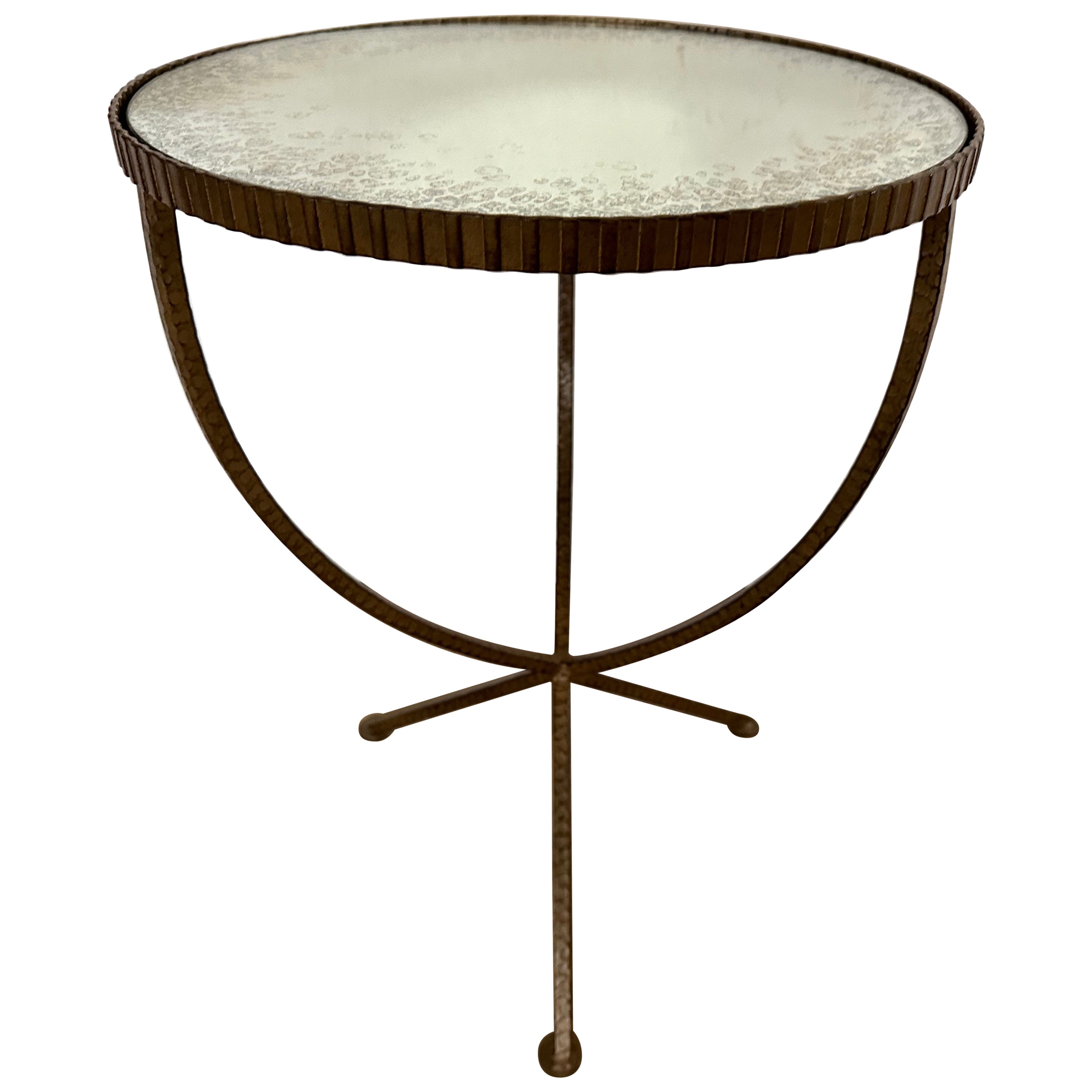 Contemporary Gold Toned Round Iron and Glass Accent Table For Sale
