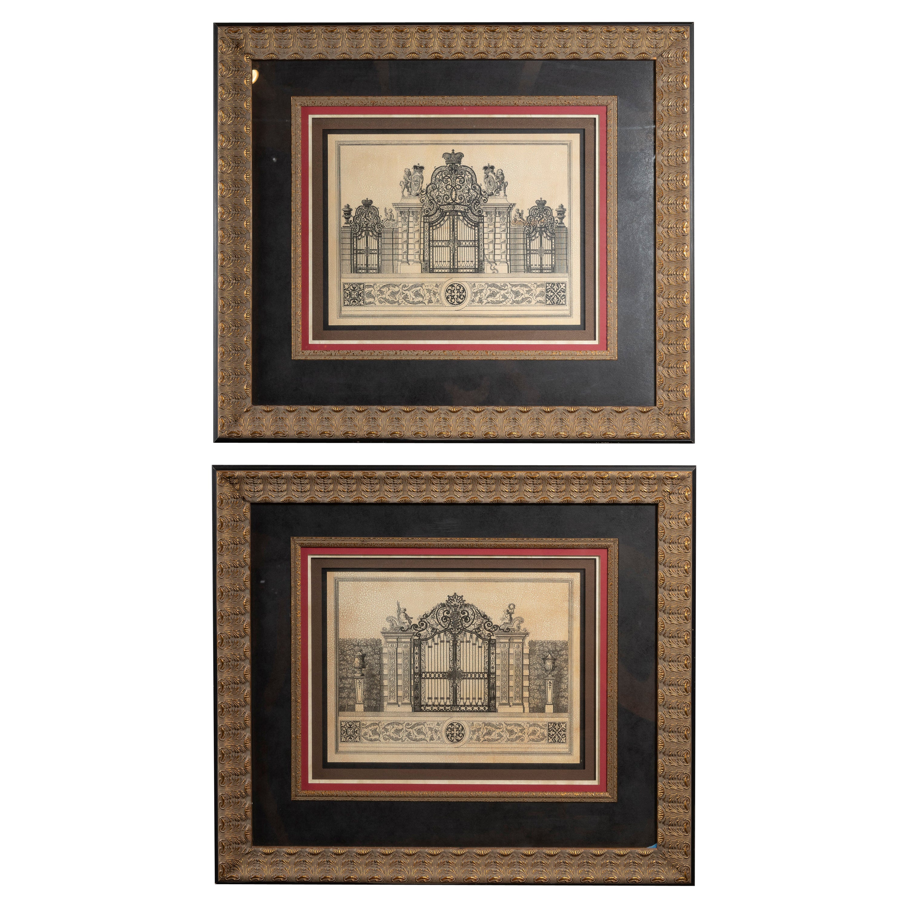 Pair of 20th Century Framed Crackled Prints of Entrances to Schloss Belvedere For Sale