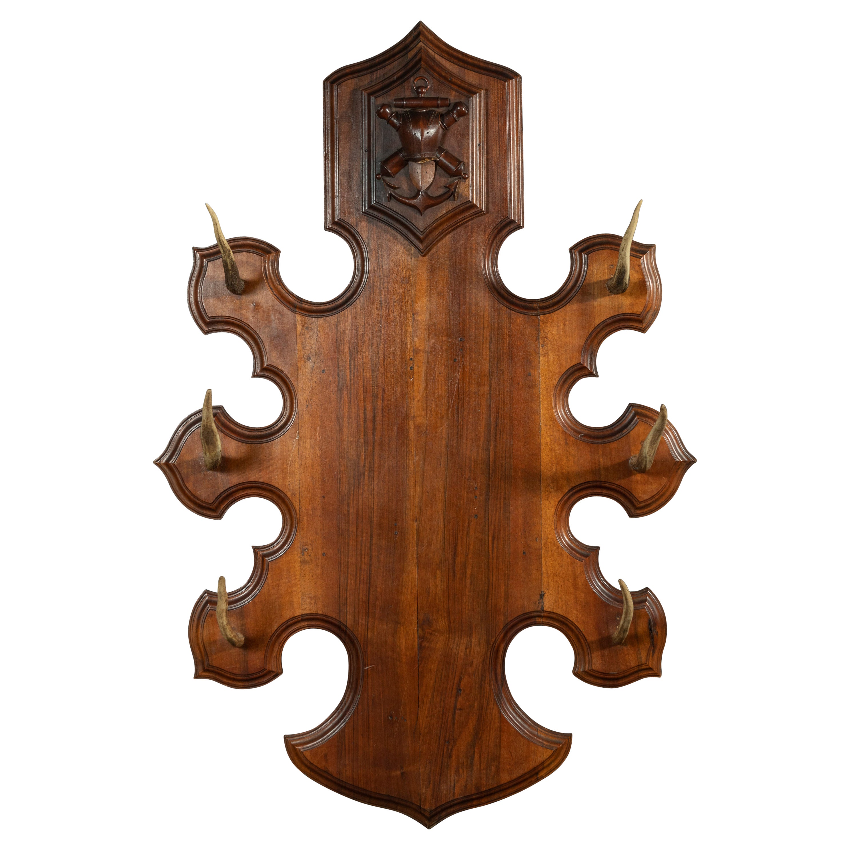VintageCoat Rack, Wooden Shield with Engraved Details and Small Antlers ...