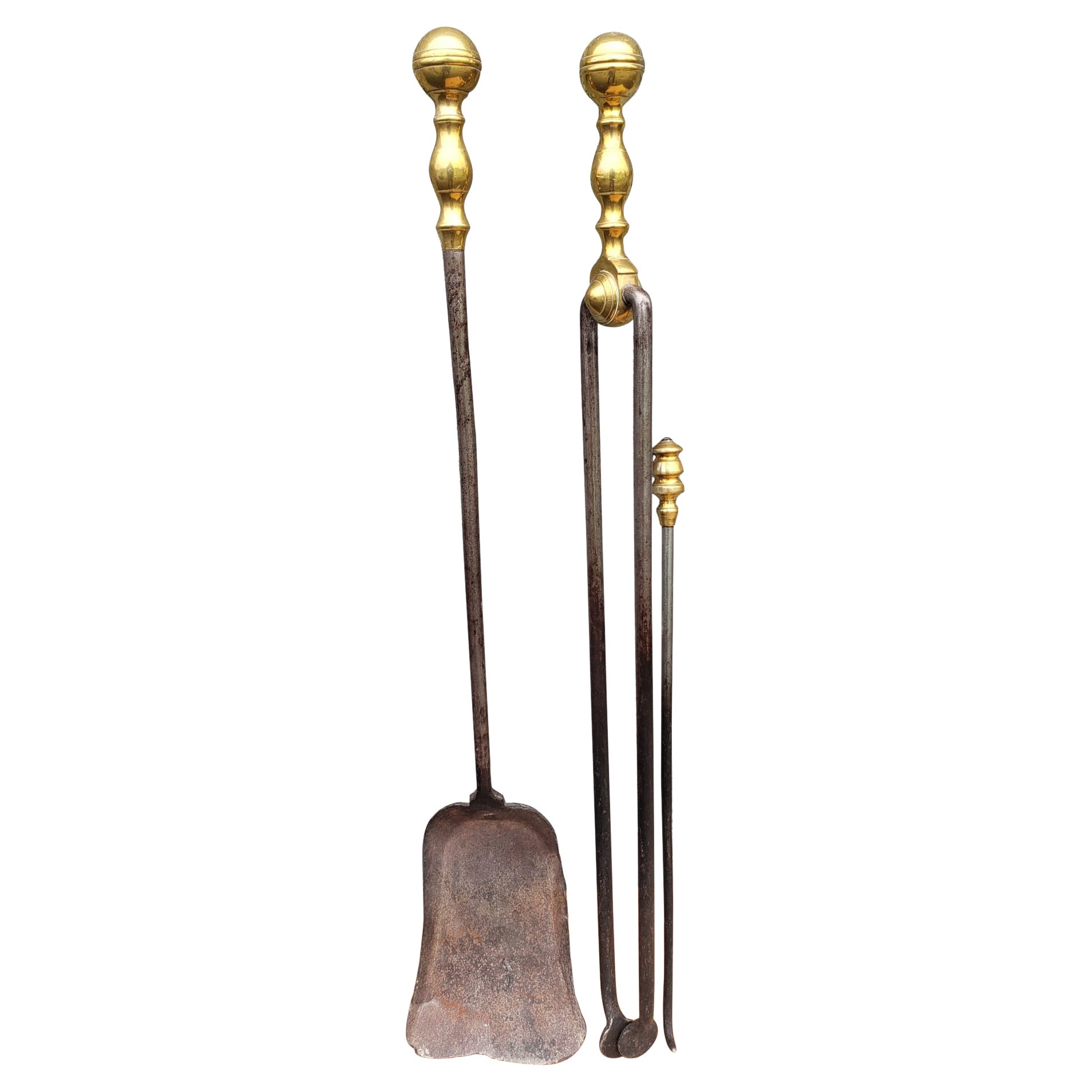 Set of 3 George III Style Cast and Polished Brass and Steel Fireplace Tools Set For Sale