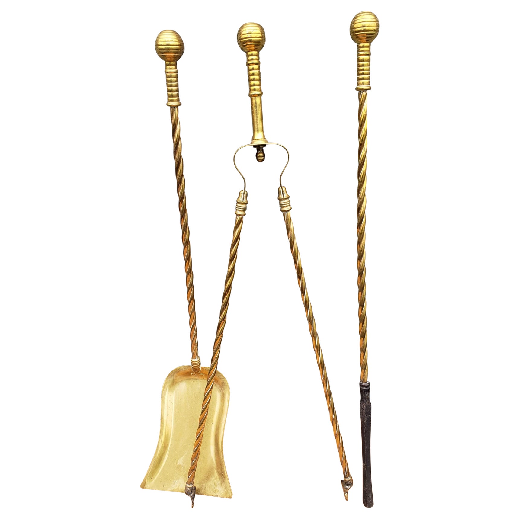 Set of 3 George III Style Cast and Polished Rope Twisted Brass Fire Tools Set For Sale