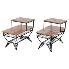 Pair of Salterini Style Round "Ribbon" Patio Side Tables with Marble Table Tops