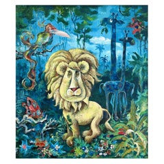 Fred Alseth, Whimsical Jungle Animal Painting, Acrylic on Masonite Board, 1960s