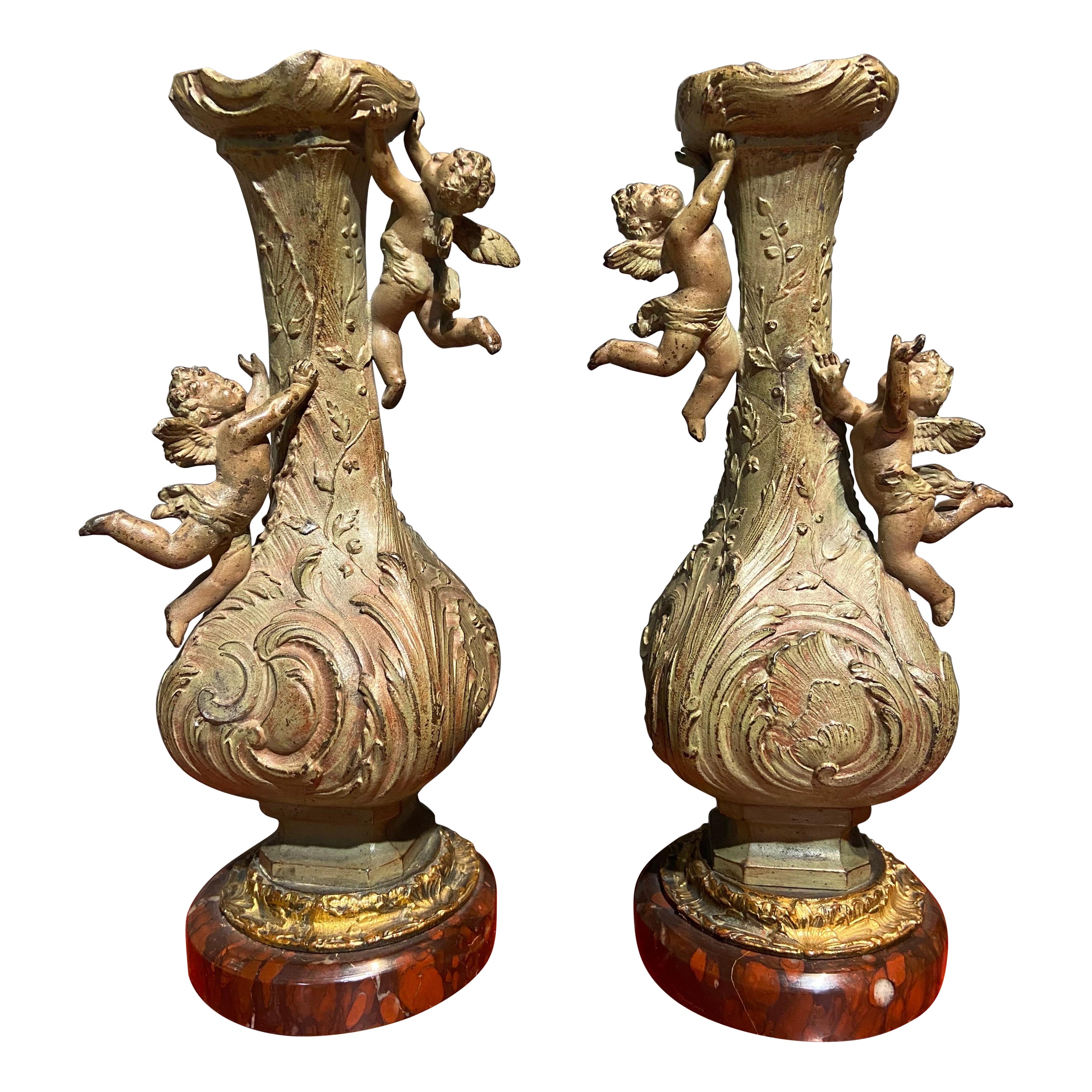 19th Century French Pair of Bronze Asymmetrical Vases Decorated with Angels