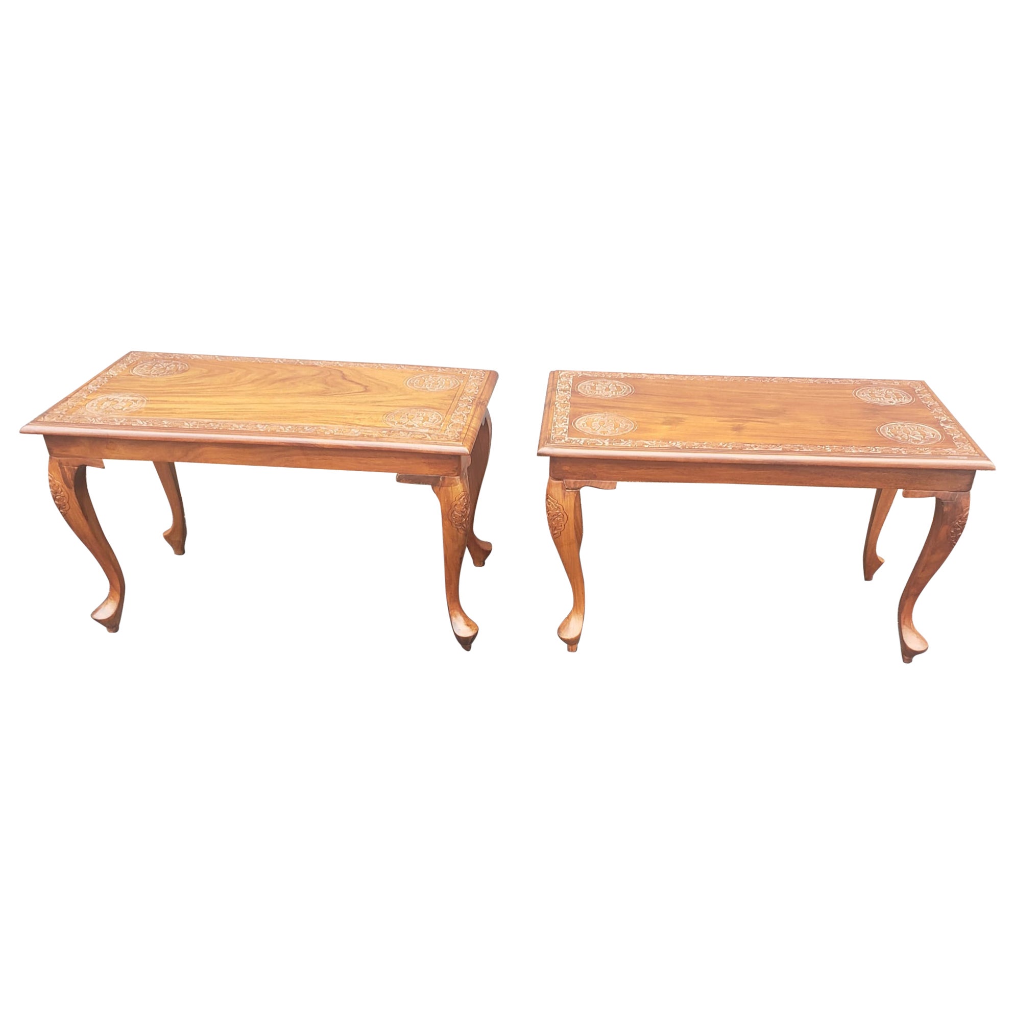 Midcentury Anglo-Japanese Carved Hardwood Low Side Tables, a Pair For Sale