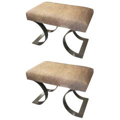 Pair of Sculptural Mid-Century Modern Benches, Upholstered in Cattle Hide