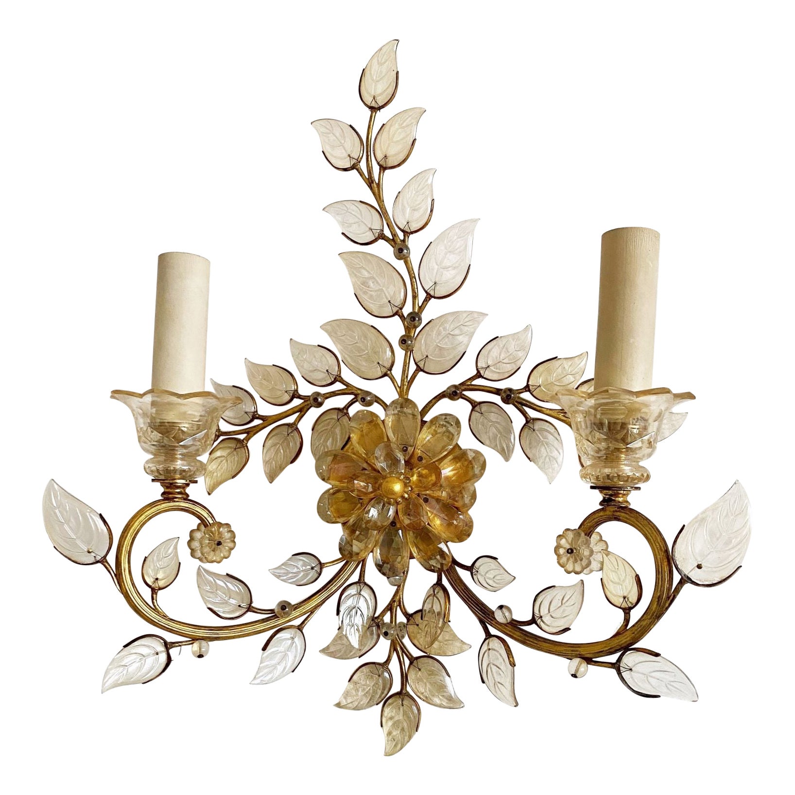 Maison Baguès Crystal Glass Brass Two-Light Wall Sconce, France, 1950s For Sale
