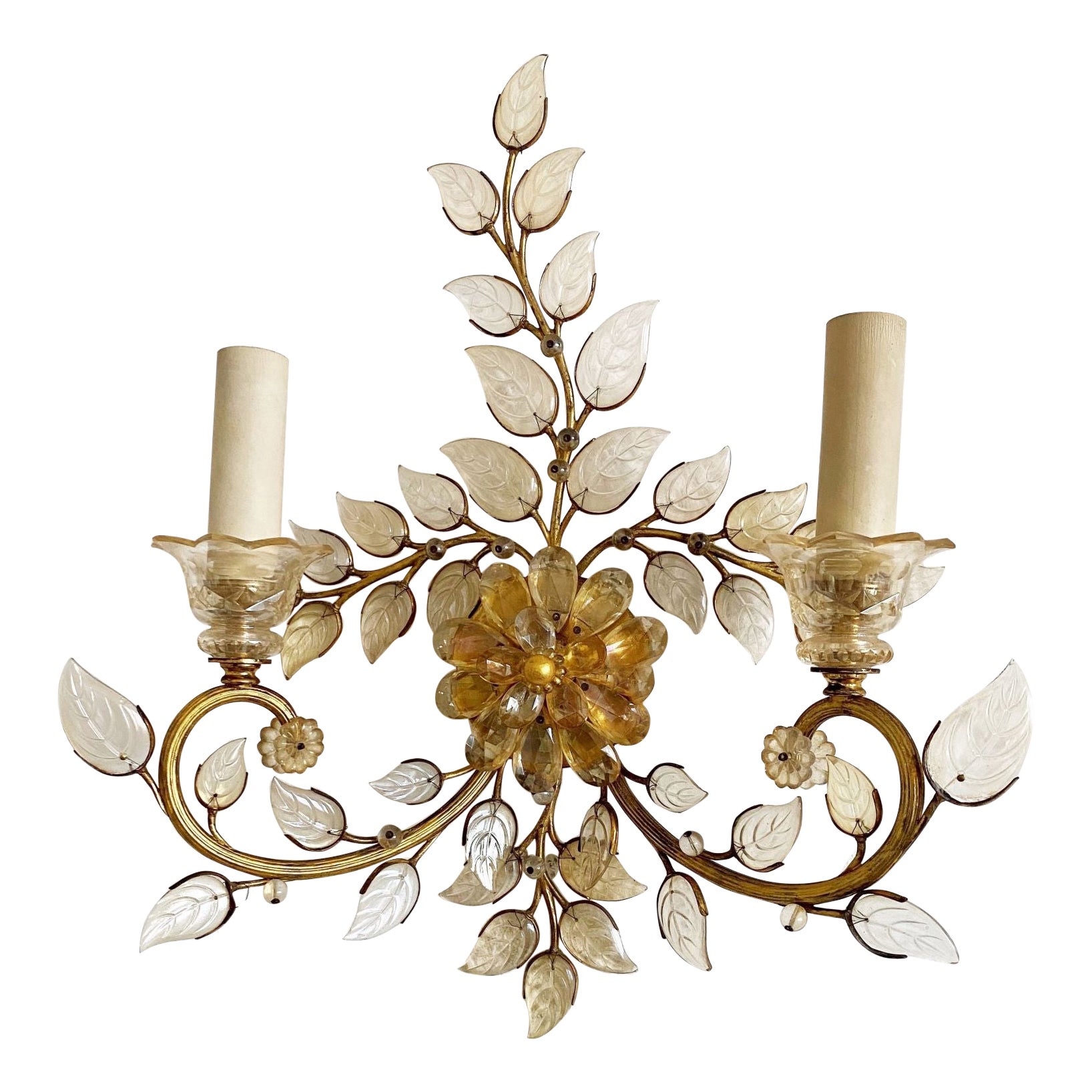 Gilt Brass and Crystal Glass Pendant Wall Light by Maison Baguès, France, 1950's For Sale
