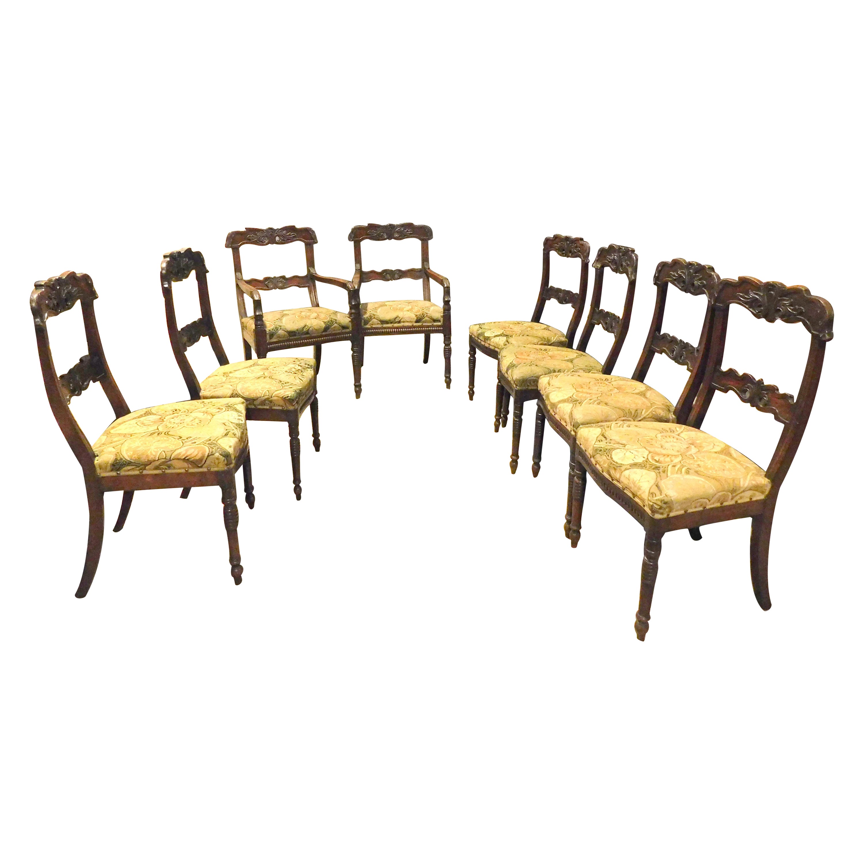 Antique Walnut Living Room Set of 6 Chairs and 2 Armchairs, 19th Century Italy