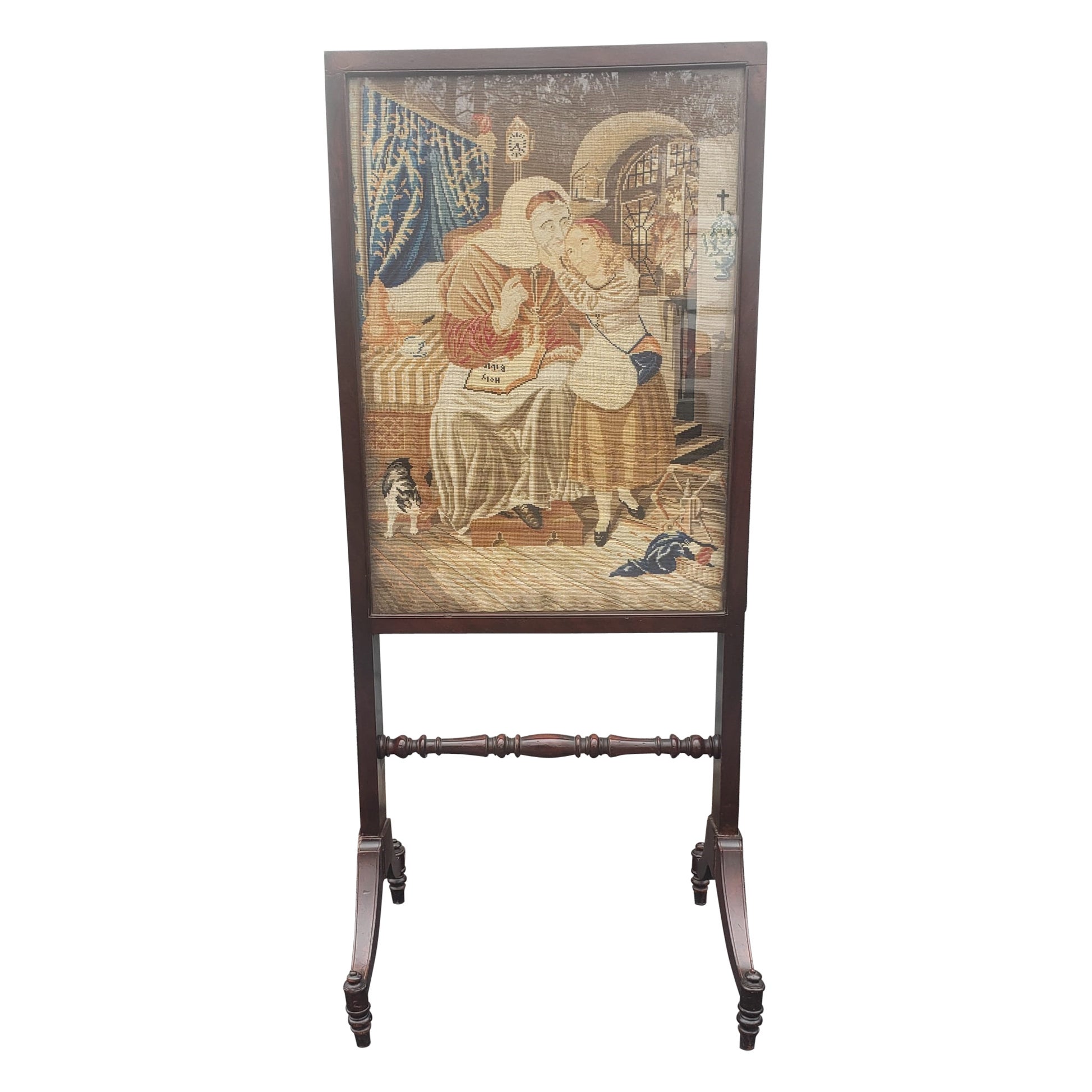 19th Century Continental Mahogany and Tapestry Expandable Trestle Fire Screen For Sale