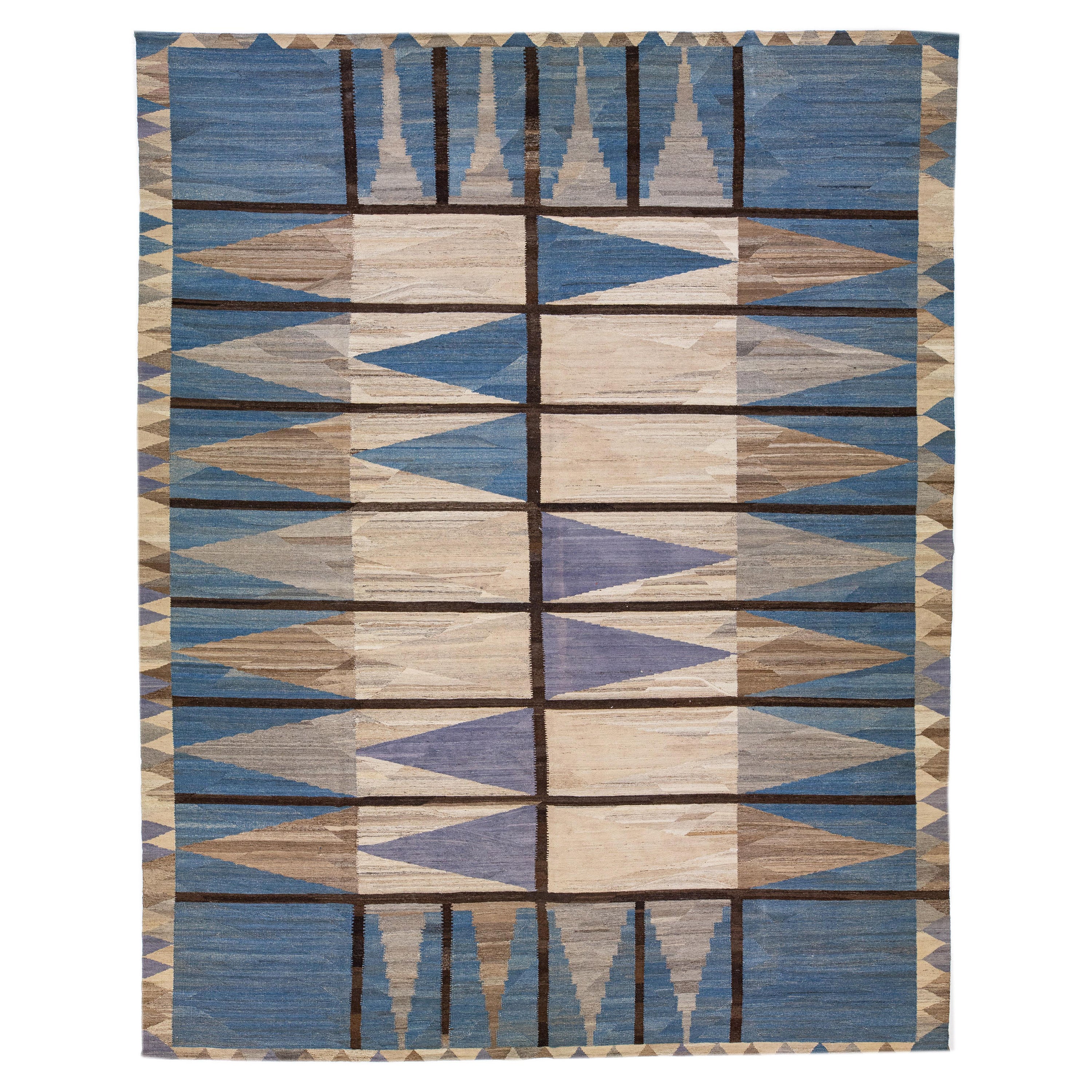  Flatweave Modern Deco Kilim Wool Rug in Brown / Blue For Sale