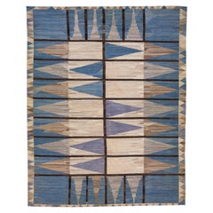  Flatweave Modern Deco Kilim Wool Rug in Brown / Blue