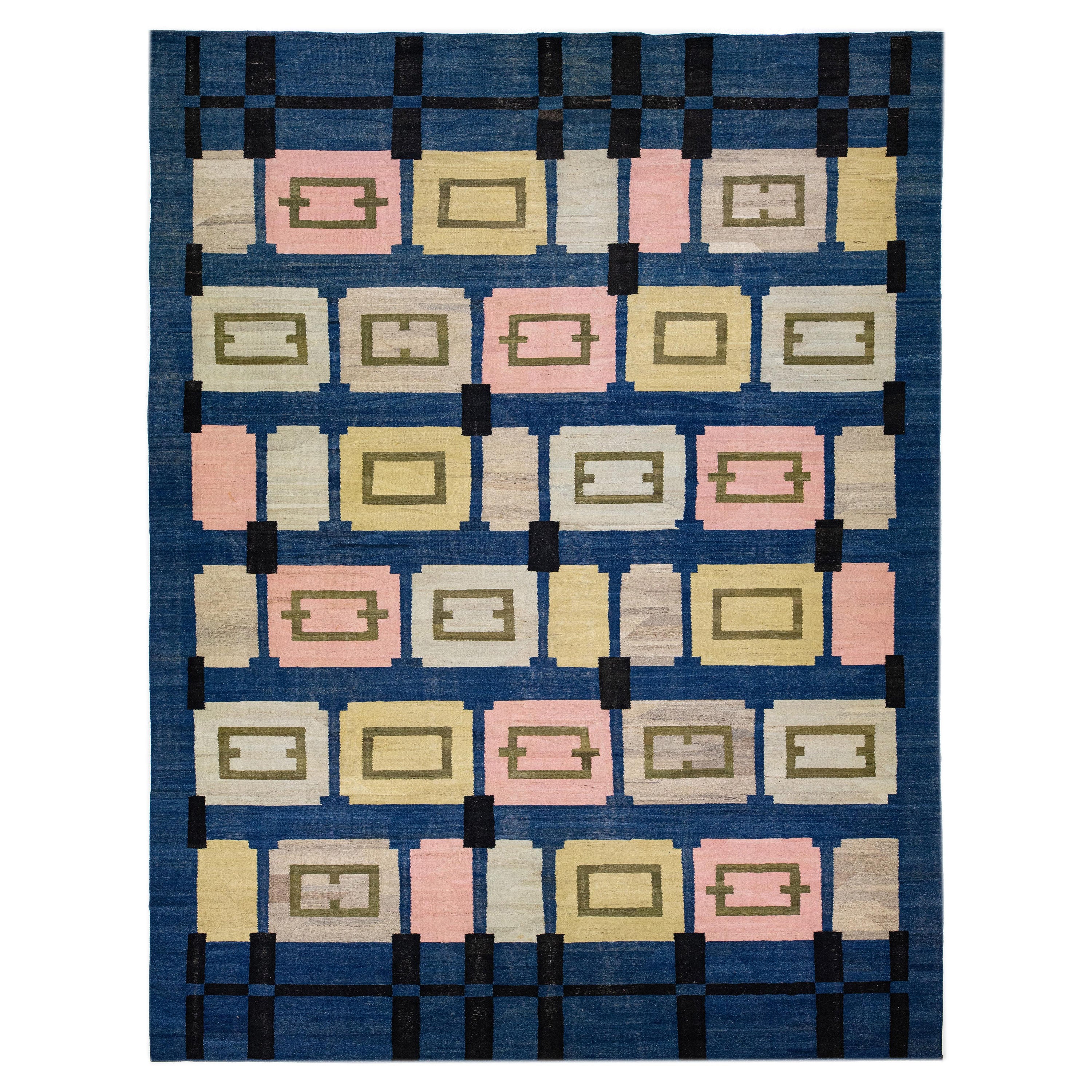 Flatweave Kilim Wool Rug Mid-Century Modern Style in Blue
