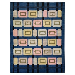 Flatweave Kilim Wool Rug Mid-Century Modern Style in Blue