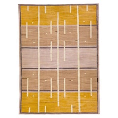 Modern Kilim Wool Rug with Yellow & Brown Deco Style Motif