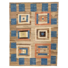 Mid-Century Modern Style Kilim Wool Rug with Brown Field