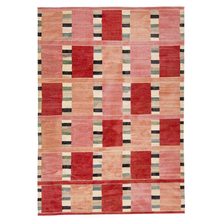 Flatweave Modern Deco Kilim Wool Rug with Geometric Parttern in Peach ...
