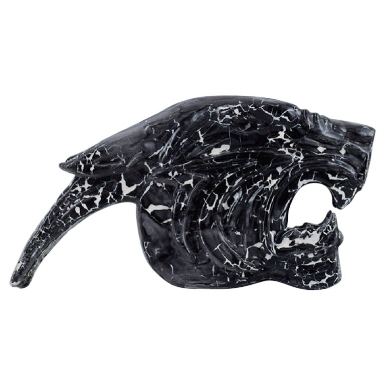 Roger Guerin, Unique Sculpture in Black Glazed Ceramic, Tiger Head For Sale