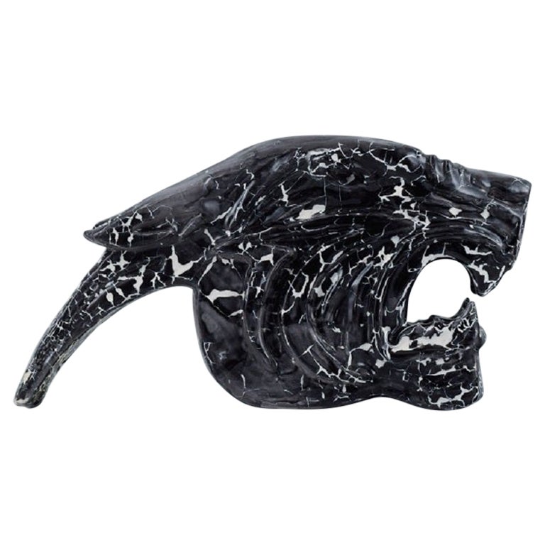 Roger Guerin, Escultura única en cerámica esmaltada negra, Cabeza de tigre