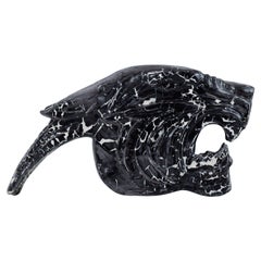 Roger Guerin, Unique Sculpture in Black Glazed Ceramic, Tiger Head