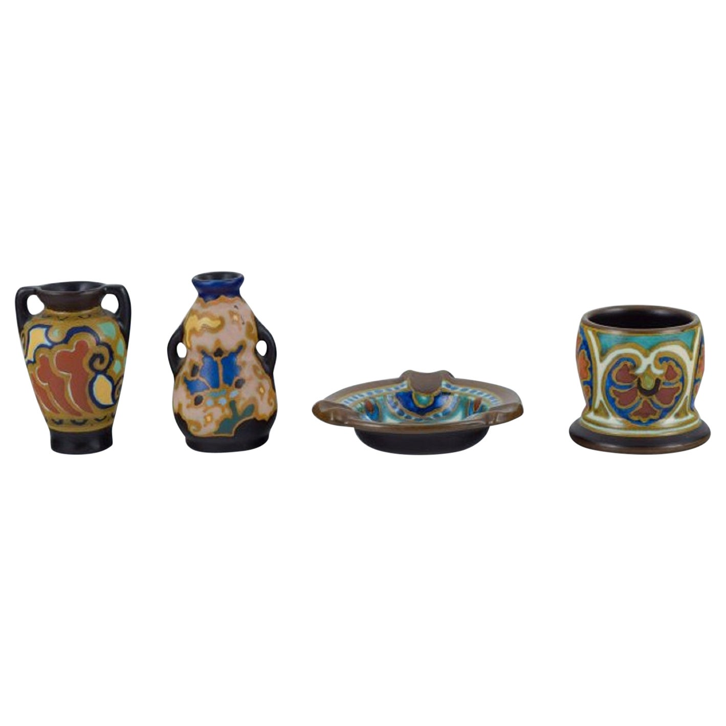 Gouda, Holland, Art Nouveau Ceramics, Four Miniature Vases and Bowl