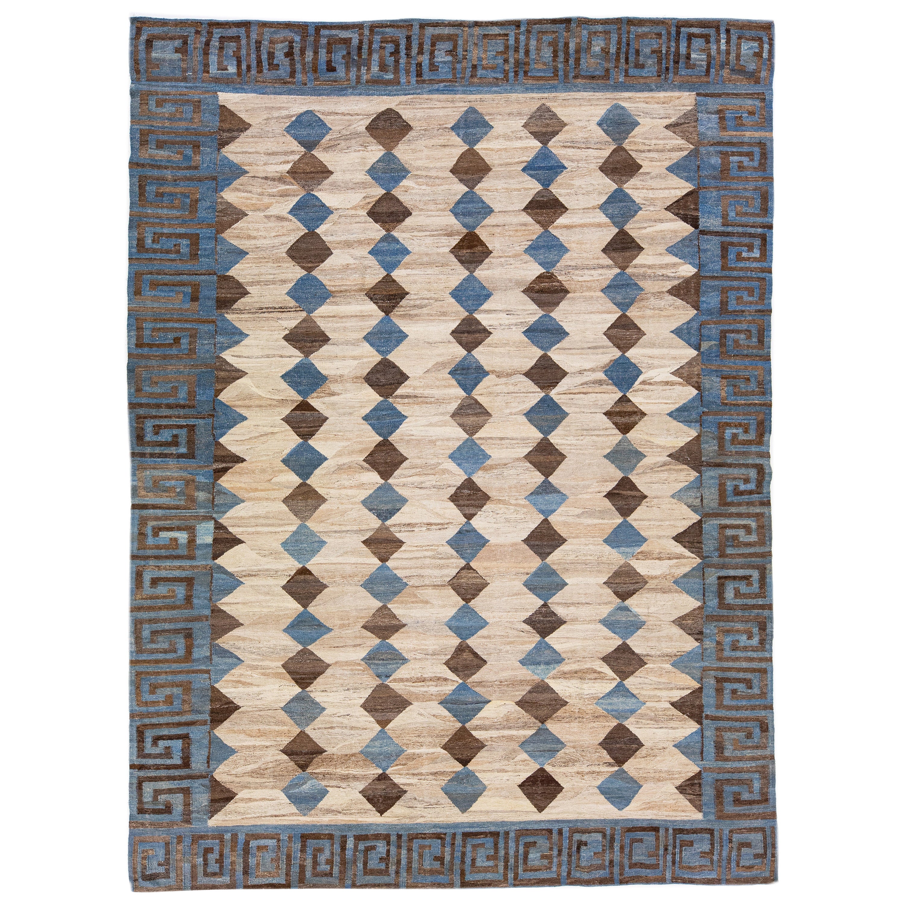 Tapis Kilim en laine à tissage plat de style déco avec motif géométrique moderne beige 