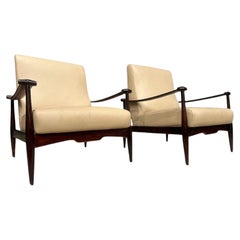 Sillón moderno brasileño en madera dura y cuero beige, Liceu de Artes, años 60