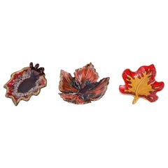 Retro Vallauris, France, Three Leaf-Shaped Dishes in Brightly Colored Glazes, 1960/70s
