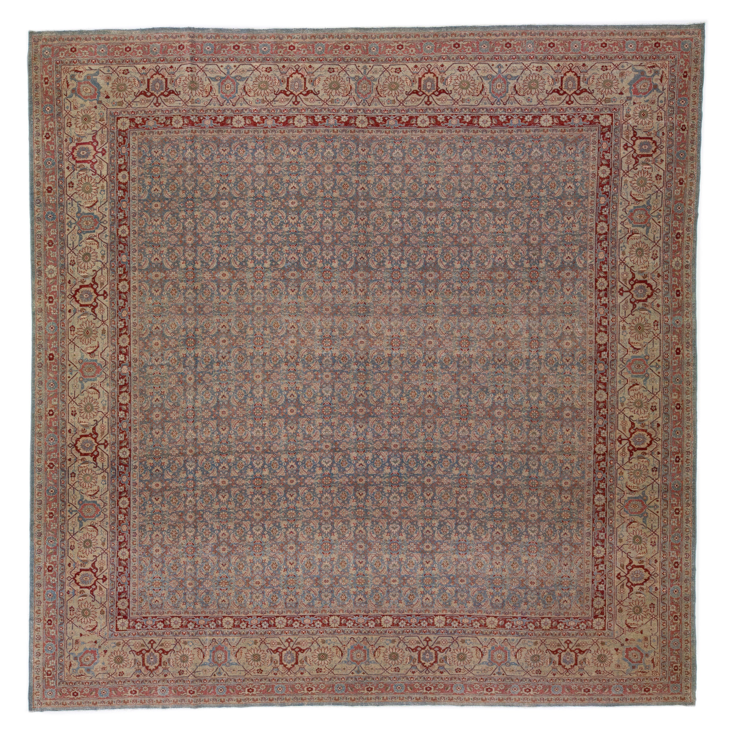 1900s Allover Persian Tabriz Square Wool Rug Handmade in Blue and Red For Sale