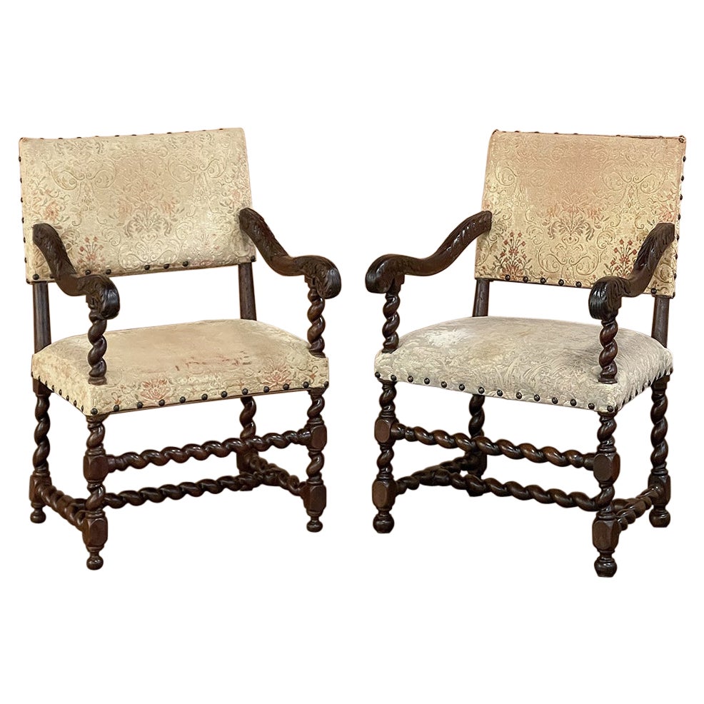 Pair 17th Century Louis XIII Barley Twist Armchairs For Sale