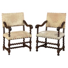 Antique Pair 17th Century Louis XIII Barley Twist Armchairs